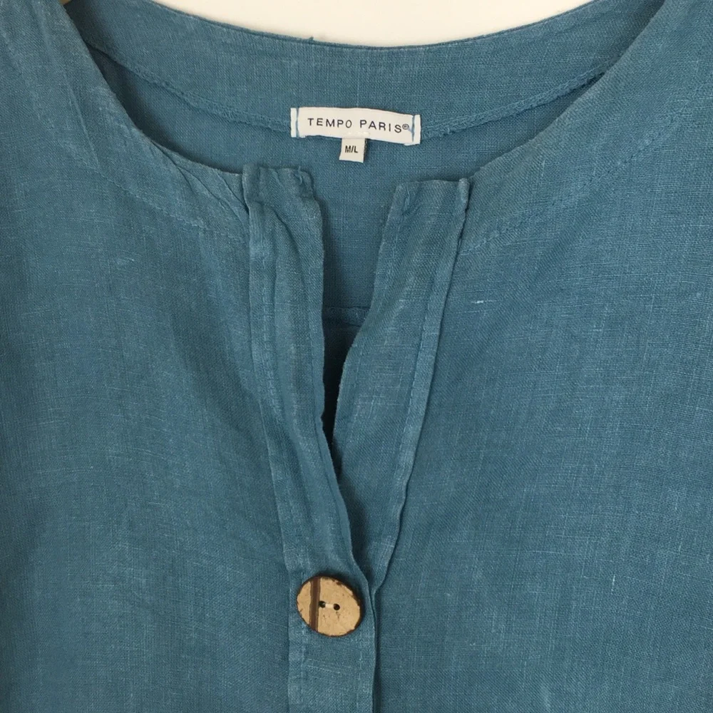 Tempo Paris 100% Linen Tunic Top Blue Women’s M/L Lagenlook - Picture 5 of 12